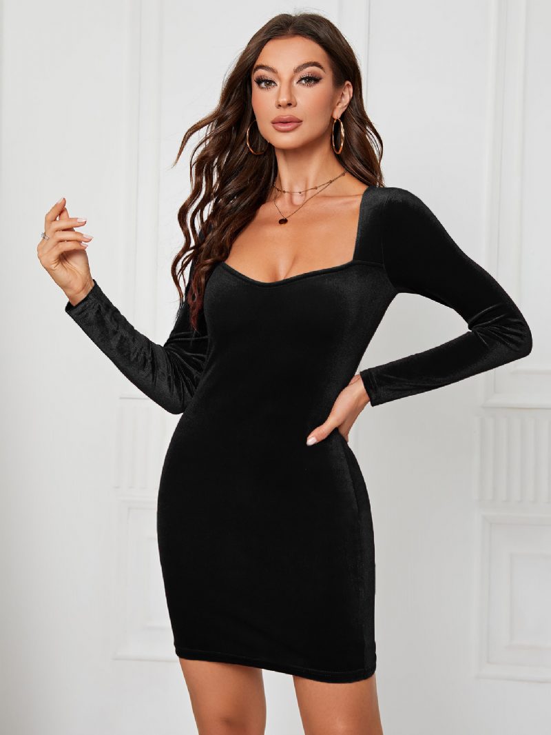 Damen-samtkleid Herzförmiger Ausschnitt Lange Ärmel Sexy Mini-bodycon-kleider - Schwarz