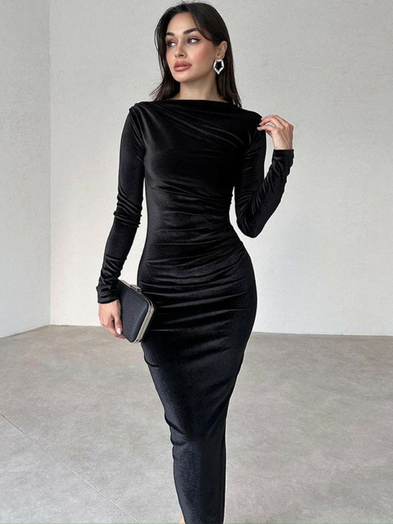 Damen-samtkleid Schwarz Plissiert Lange Ärmel Juwelenausschnitt Dating-maxikleider - Schwarz