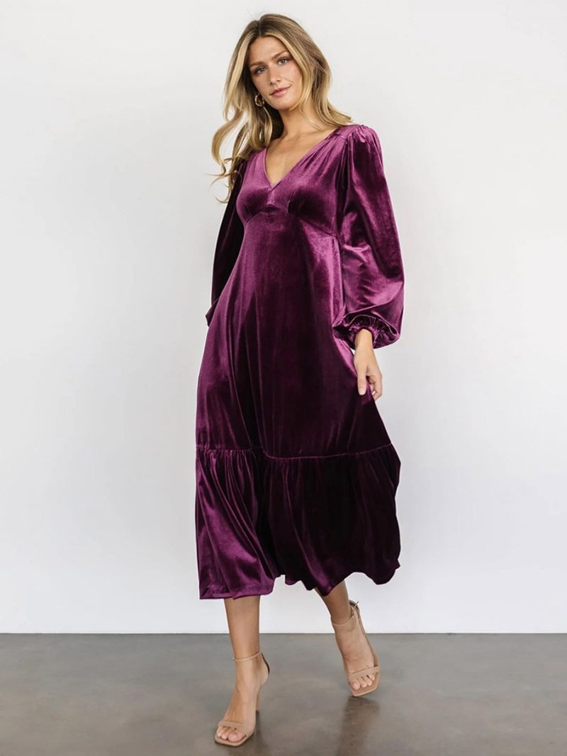 Damen-samtkleid V-ausschnitt Ballonärmel Einfarbig Winter-midi-kleider