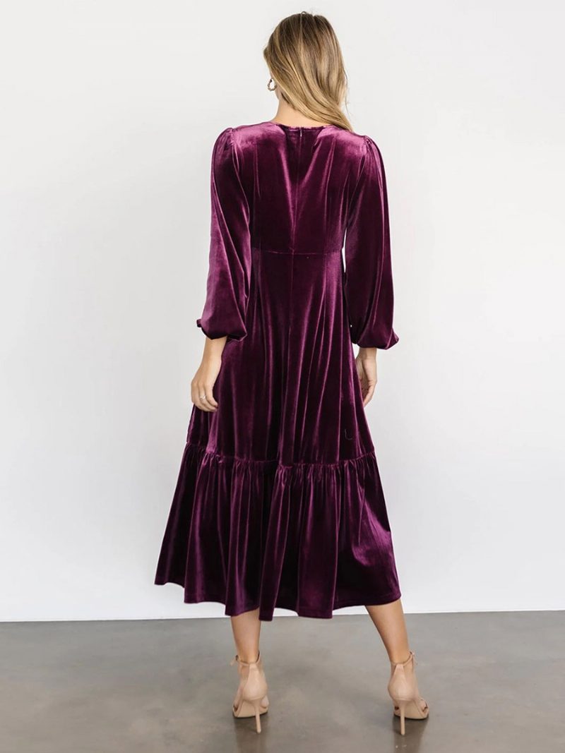 Damen-samtkleid V-ausschnitt Ballonärmel Einfarbig Winter-midi-kleider - Lila