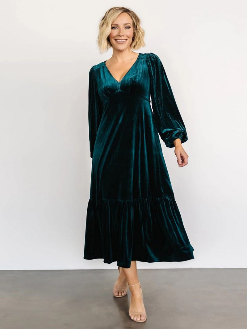 Damen-samtkleid V-ausschnitt Ballonärmel Einfarbig Winter-midi-kleider - Dunkelgrün