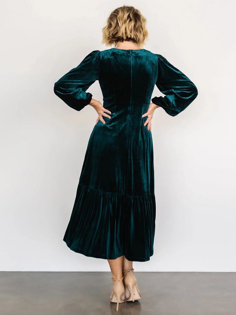 Damen-samtkleid V-ausschnitt Ballonärmel Einfarbig Winter-midi-kleider - Dunkelgrün