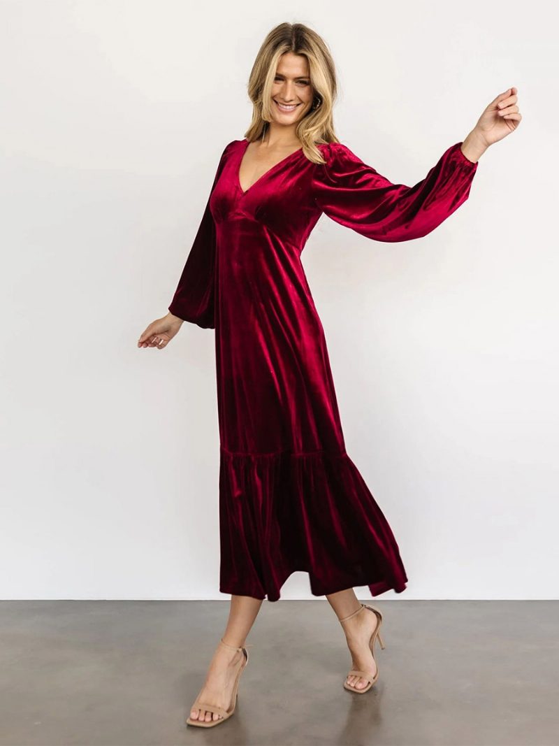 Damen-samtkleid V-ausschnitt Ballonärmel Einfarbig Winter-midi-kleider - Burgund