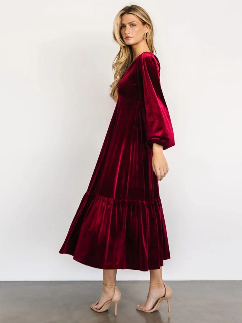 Damen-samtkleid V-ausschnitt Ballonärmel Einfarbig Winter-midi-kleider - Burgund