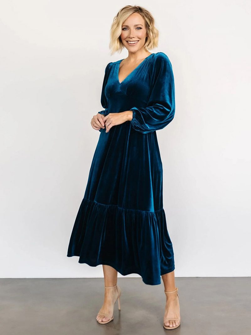 Damen-samtkleid V-ausschnitt Ballonärmel Einfarbig Winter-midi-kleider - Dunkles Marineblau