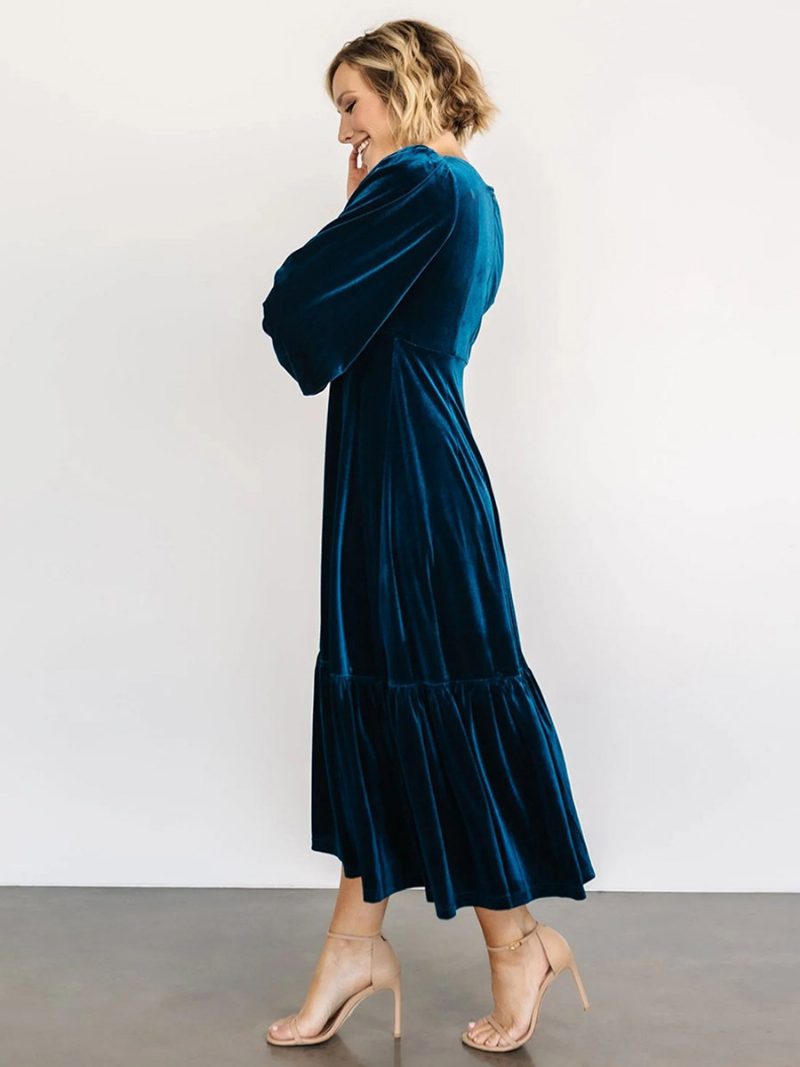 Damen-samtkleid V-ausschnitt Ballonärmel Einfarbig Winter-midi-kleider - Dunkles Marineblau