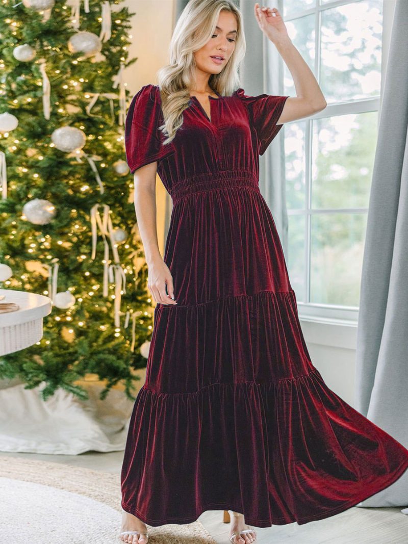 Damen-samtkleid V-ausschnitt Gerüscht Lagen-kurzarm-maxikleider - Burgund