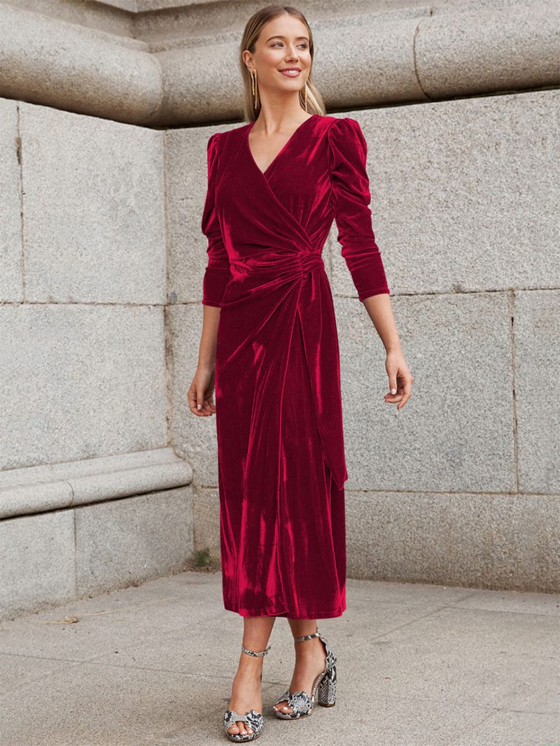 Midi-samtkleid Für Damen Aprikose Lange Ärmel Schnür-velours-kleider Mit V-ausschnitt - Rot