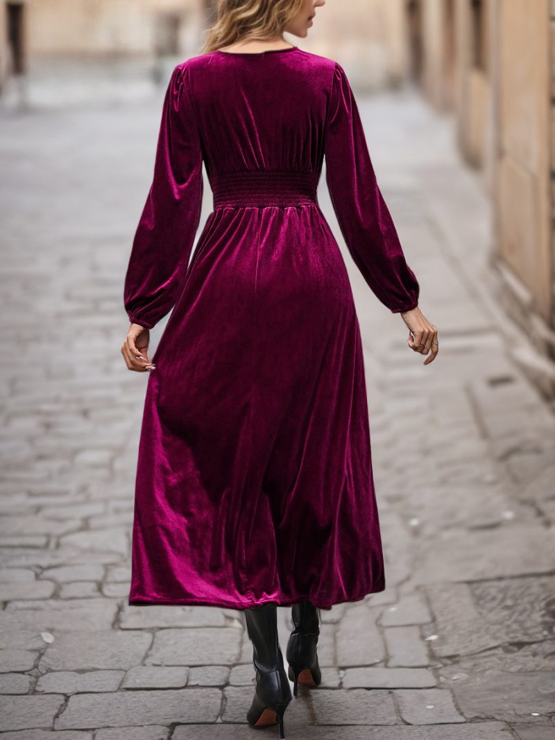 Samtkleid Für Damen U-ausschnitt Lange Ärmel Maxikleider Burgunderrot - Burgund