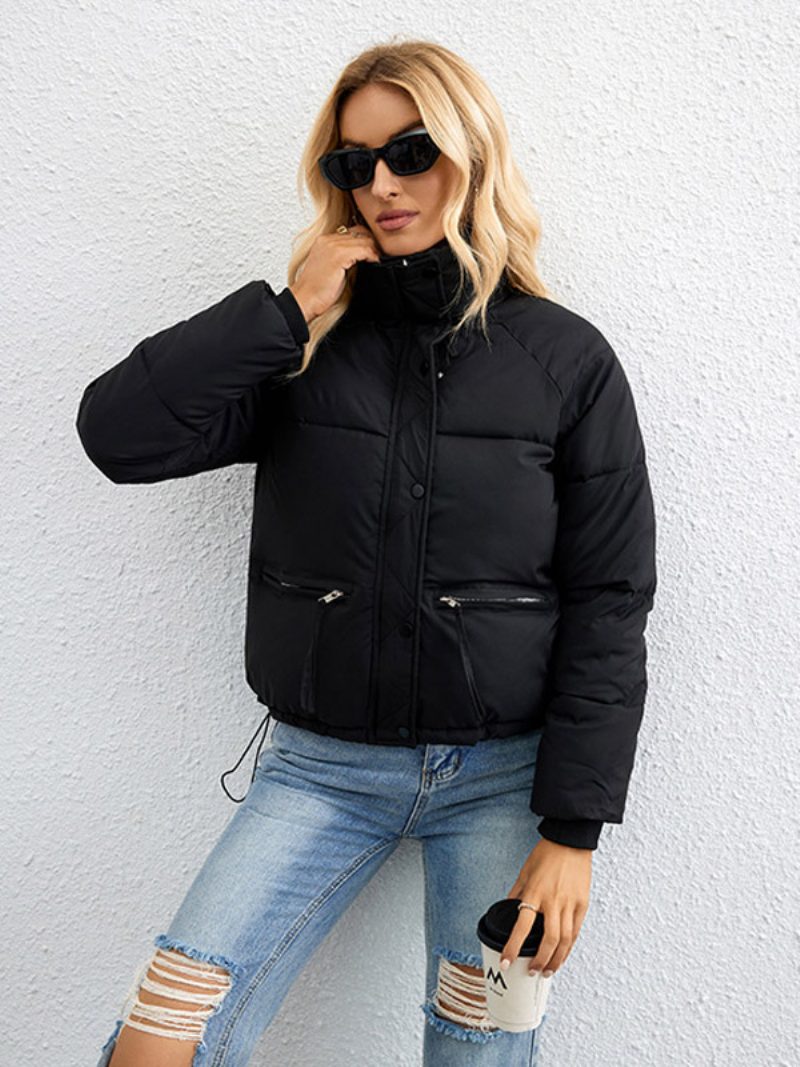 Baumwollgefütterte Jacke Mit Stehkragen Lässige Winter-oberbekleidung Für Damen - Schwarz