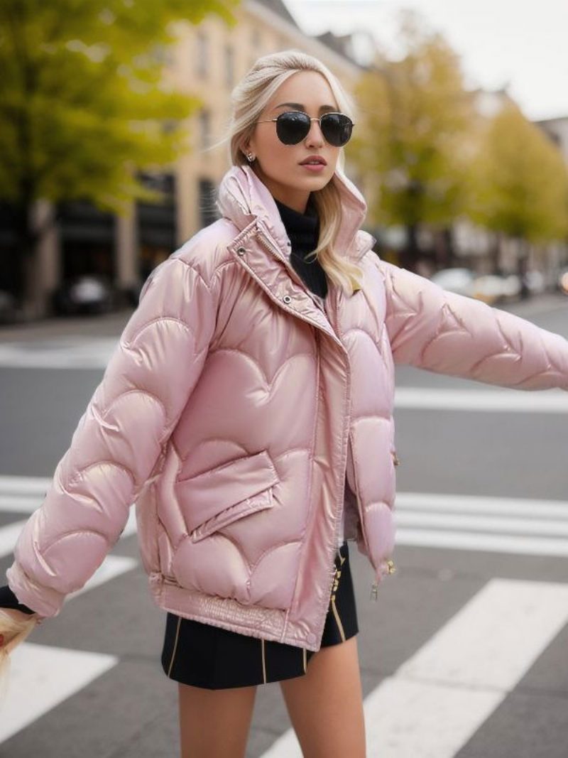 Damen-puffermäntel Stehkragen Reißverschluss Lange Ärmel Winter-oberbekleidung - Rosa