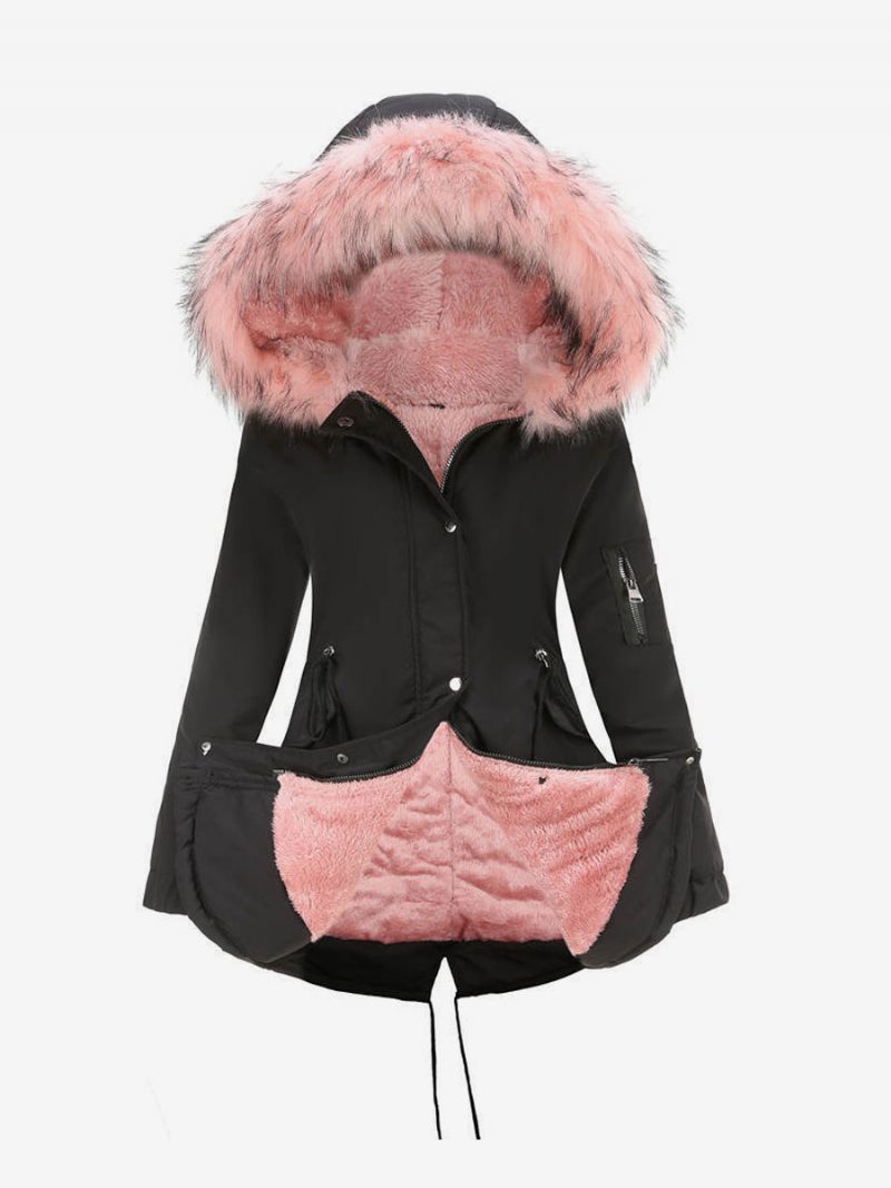 Damen-wintermäntel Rosa Mittelgroß Kordelzug Kapuze Vorne Knopf Lange Ärmel Zweifarbig Lässig Wintermantel Oberbekleidung - Rosa