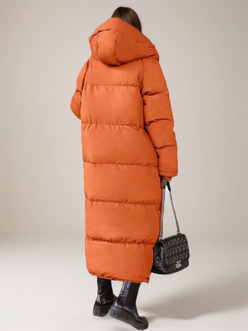 Lange Puffermäntel Orange Winteroberbekleidung Mit Kapuze Für Damen - Orange