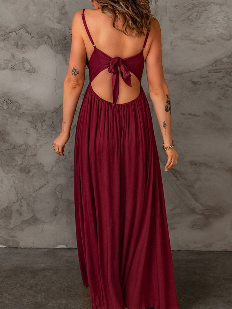 Damen Ärmelloses Langes Kleid Spitzenmieder V-ausschnitt Sexy Elegante Maxikleider - Rot