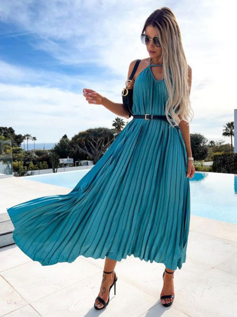 Damen Boho Kleid V-ausschnitt Ärmelloses Sommerkleid - Blau