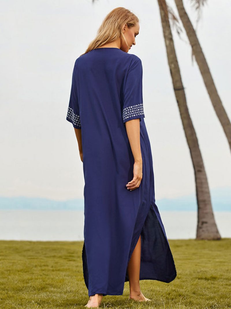 Damen-cover-ups Dunkles Marineblau Farbblock Bestickt V-ausschnitt 3/4-ärmel Übergroße Sommer-sexy-badebekleidung - Dunkles Marineblau