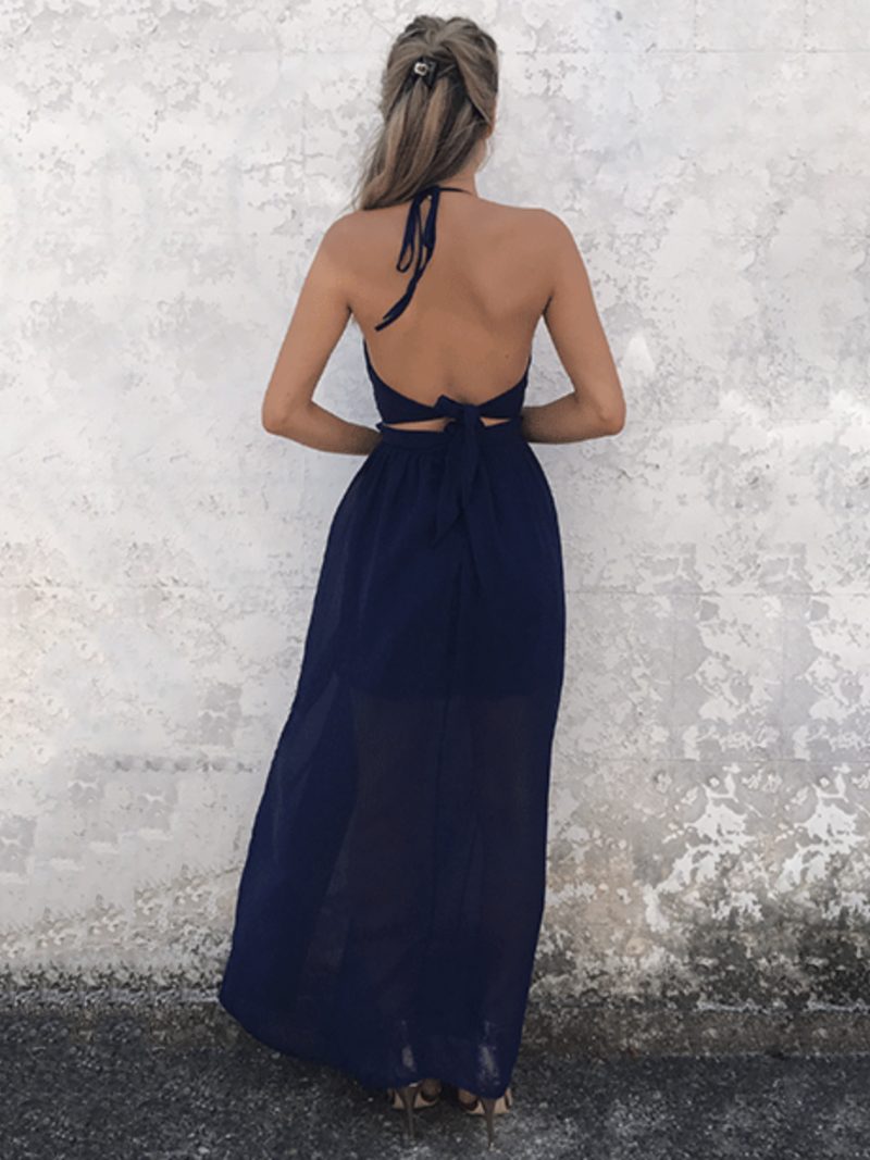 Damen-maxikleid Neckholder Verdreht Lang Geteilt Rückenfrei Dunkelmarinefarbenes Chiffon-sexy-kleid - Dunkles Marineblau