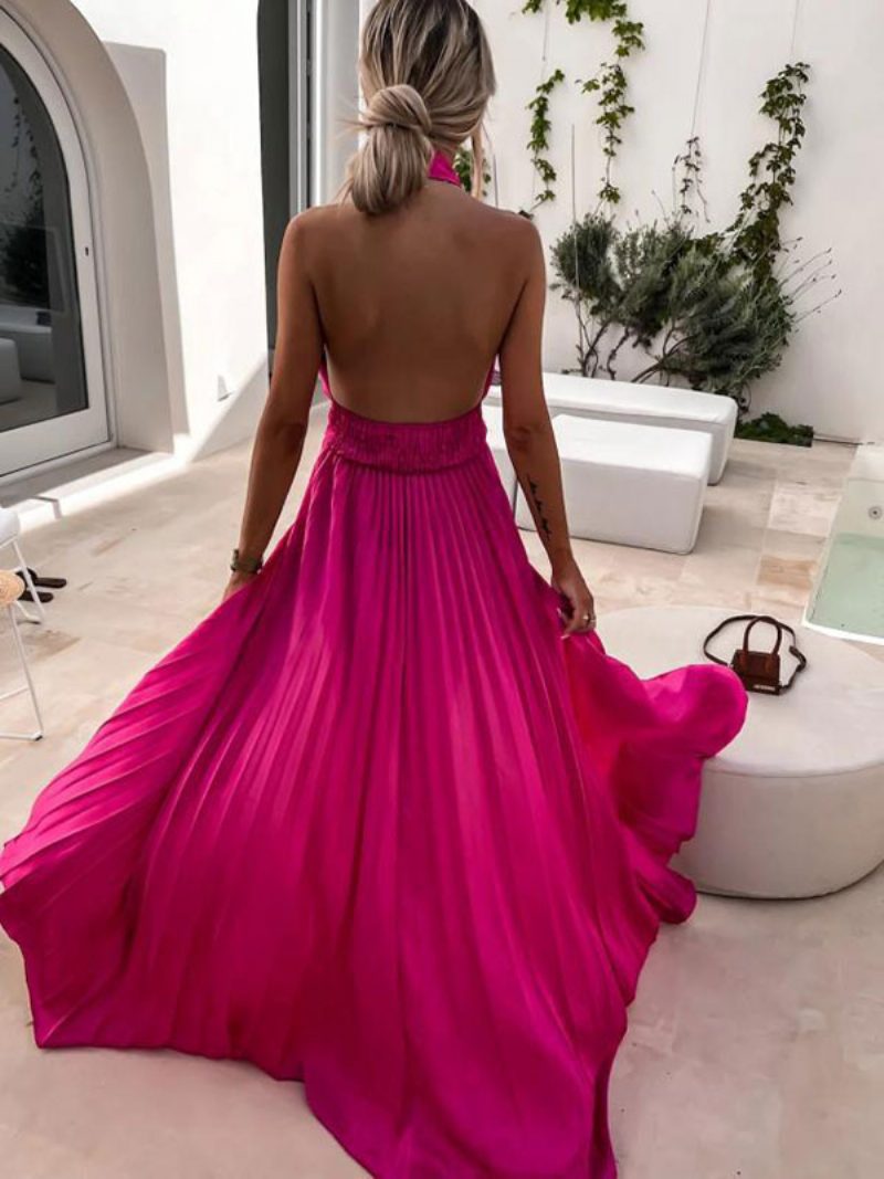 Damen Neckholder-maxikleid Ärmellos Rückenfrei Plissiert Elegante Ballkleider - Rose