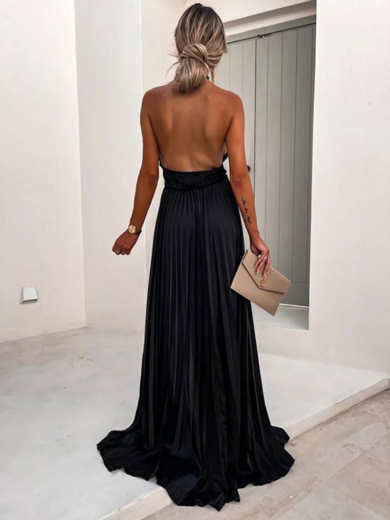 Damen Neckholder-maxikleid Ärmellos Rückenfrei Plissiert Elegante Ballkleider - Schwarz