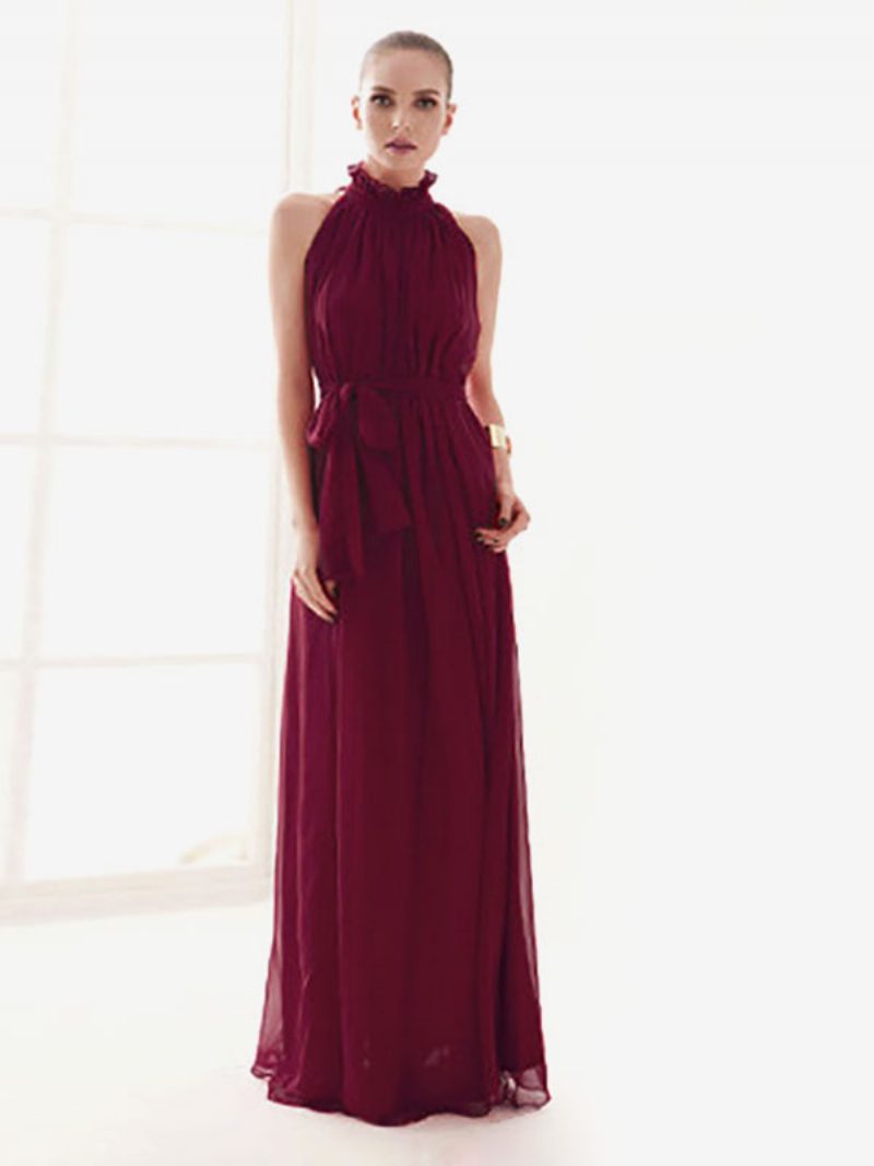 Damen Neckholder-sommerkleid Juwel-ausschnitt Schnürung Chiffon Strand-abschlussball-maxikleider - Burgund