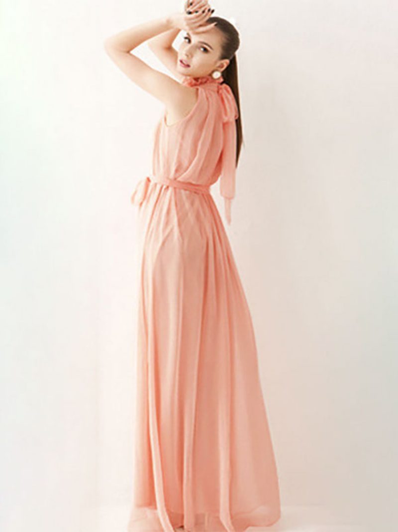 Damen Neckholder-sommerkleid Juwel-ausschnitt Schnürung Chiffon Strand-abschlussball-maxikleider - Rosa