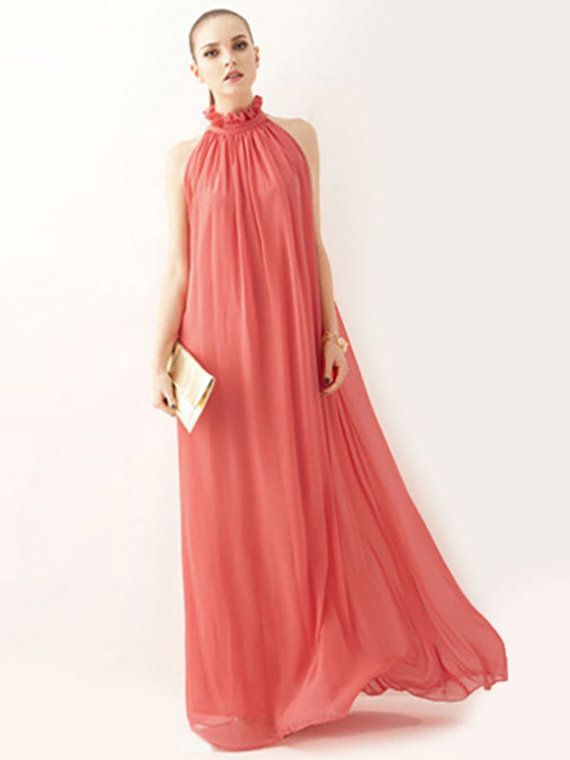 Damen Neckholder-sommerkleid Juwel-ausschnitt Schnürung Chiffon Strand-abschlussball-maxikleider - Wassermelonenrot