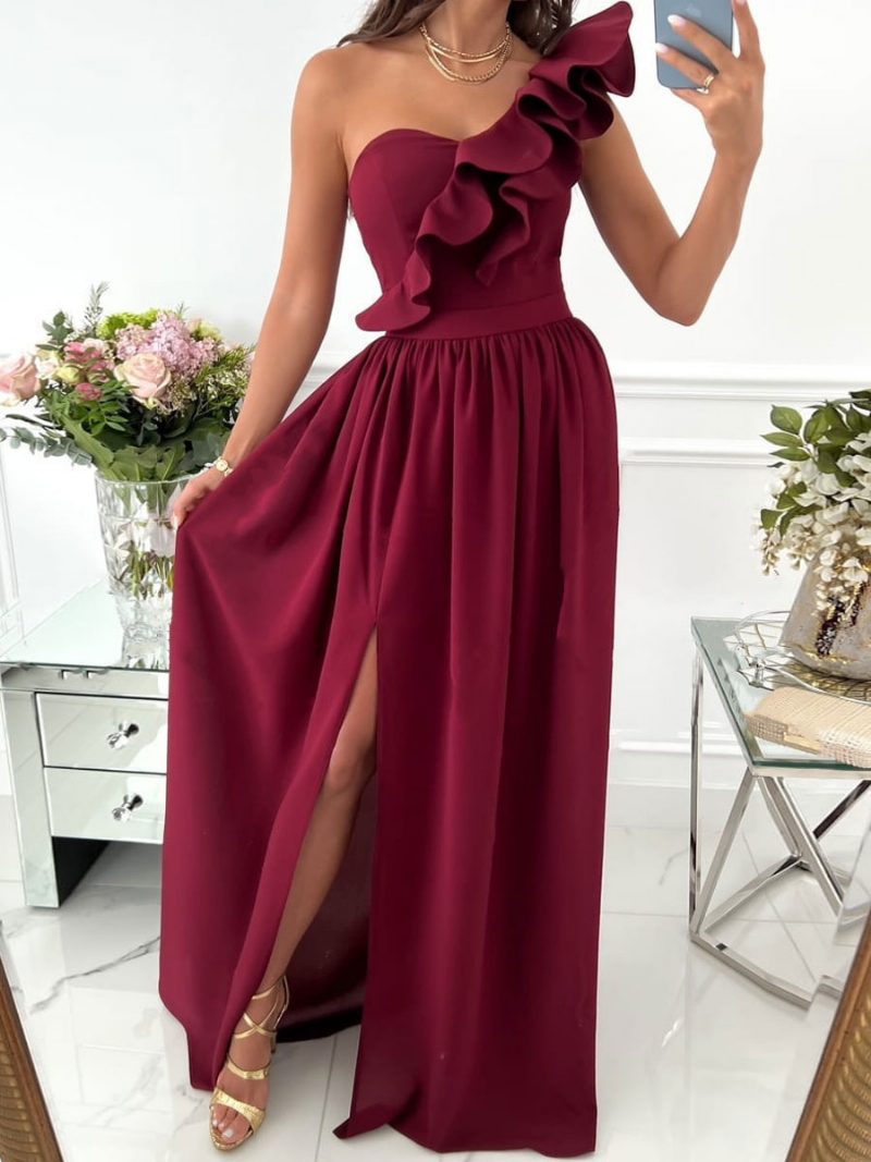 Damen One-shoulder-maxikleid Ärmellos Tief Geschlitzt Lange Ballkleider - Burgund