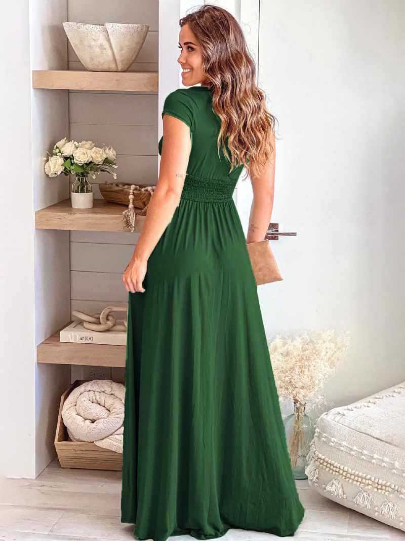 Damen-partykleid Mit Kurzen Ärmeln V-ausschnitt Empire-taille Schlitz Elegante Maxikleider - Grün