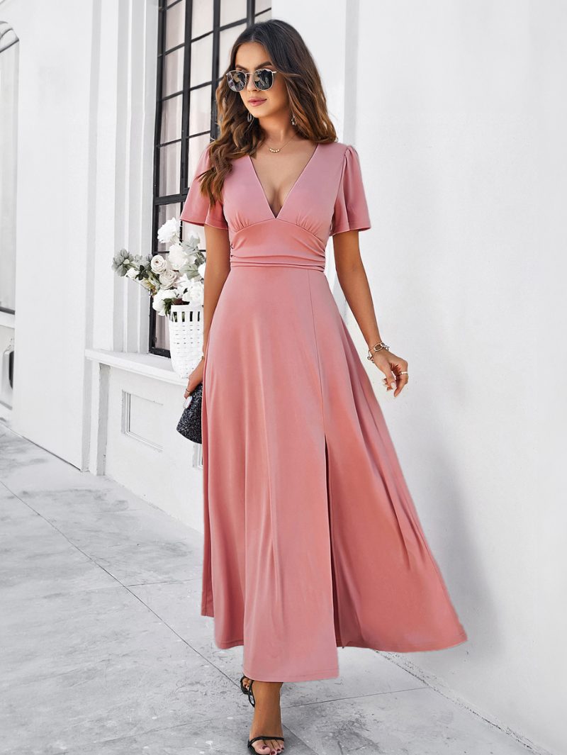 Damen-partykleid V-ausschnitt Kurze Ärmel Schlitz Dating Cocktail-maxikleider - Rosa