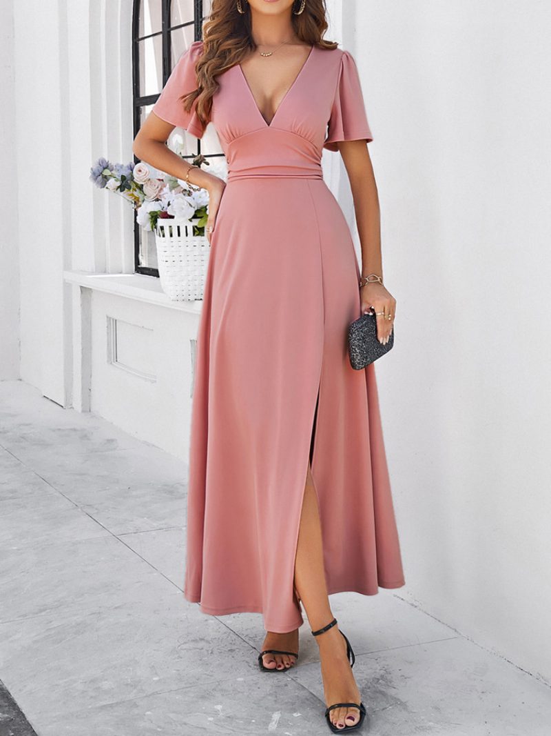 Damen-partykleid V-ausschnitt Kurze Ärmel Schlitz Dating Cocktail-maxikleider - Rosa