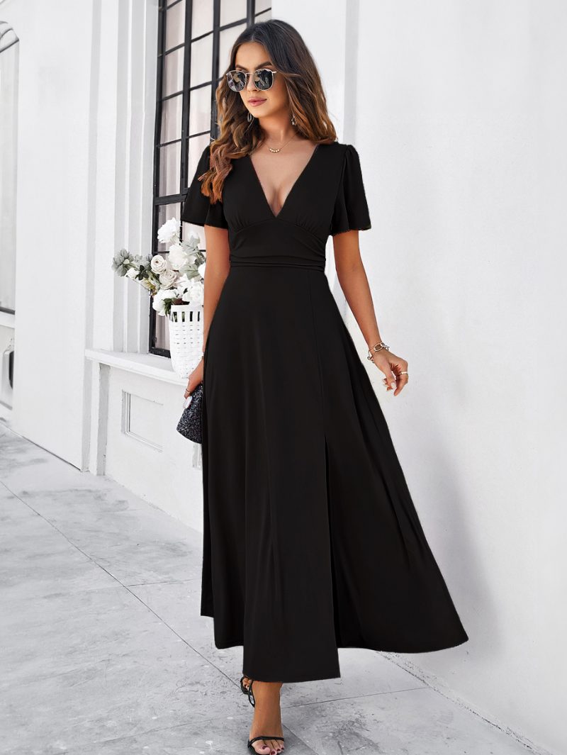 Damen-partykleid V-ausschnitt Kurze Ärmel Schlitz Dating Cocktail-maxikleider - Schwarz