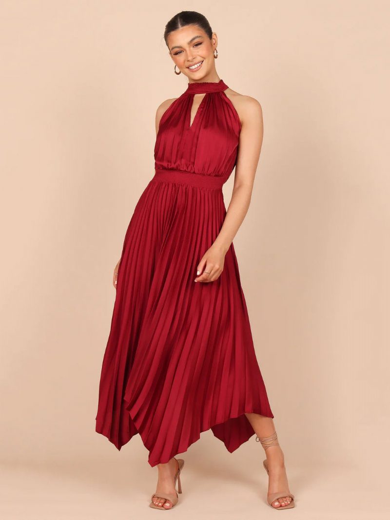 Damen-sommerkleid Hoher Kragen Plissiert Unregelmäßig Rose Langes Strandkleid