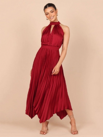 Damen-sommerkleid Hoher Kragen Plissiert Unregelmäßig Rose Langes Strandkleid