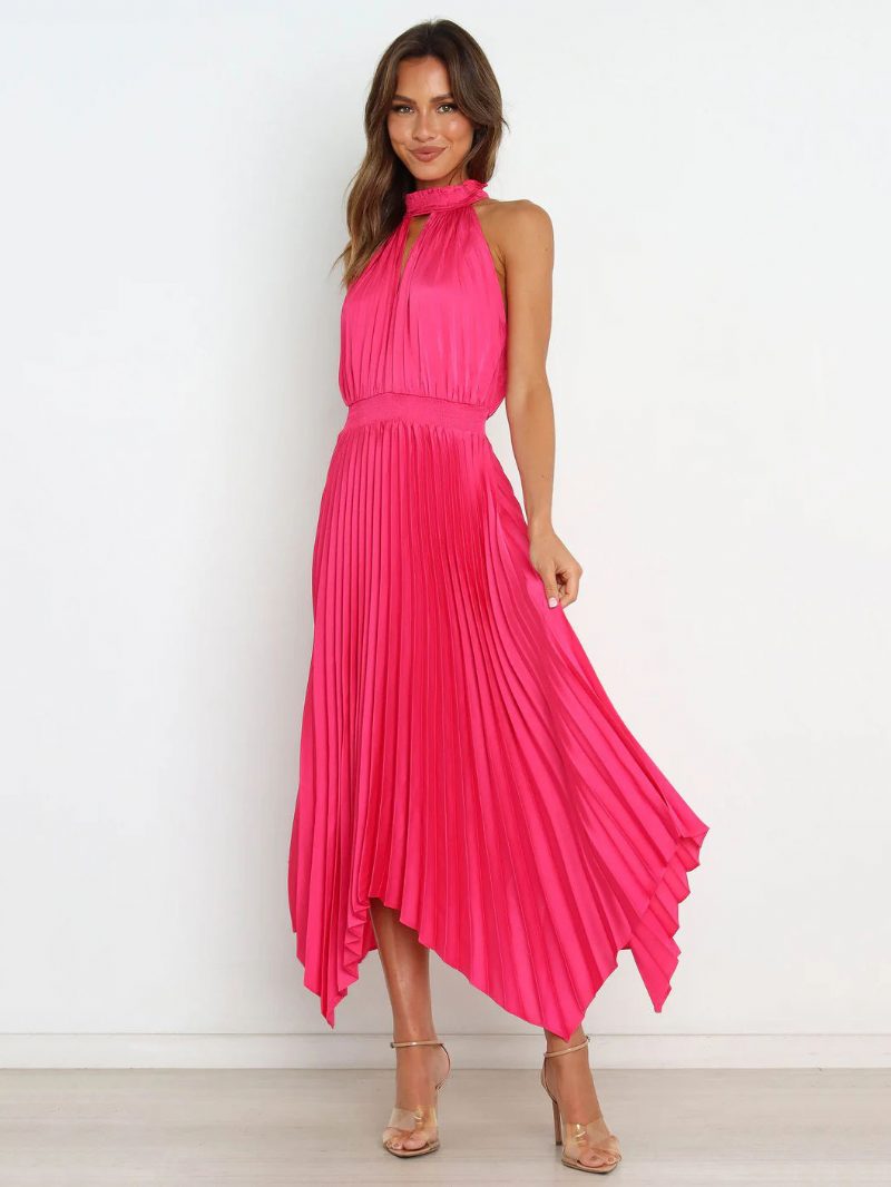 Damen-sommerkleid Hoher Kragen Plissiert Unregelmäßig Rose Langes Strandkleid - Rose