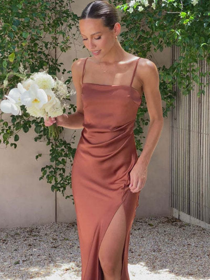 Damen-sommerkleid Mit Trägern Schlitz Vorne Und Hohem Beige Langes Ballkleid - Kaffeebraun