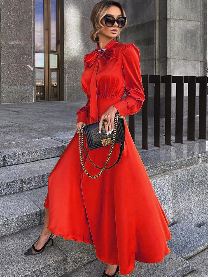 Langes Kleid Für Damen Orange-gelb Umlegekragen Lange Ärmel Maxikleid - Rot