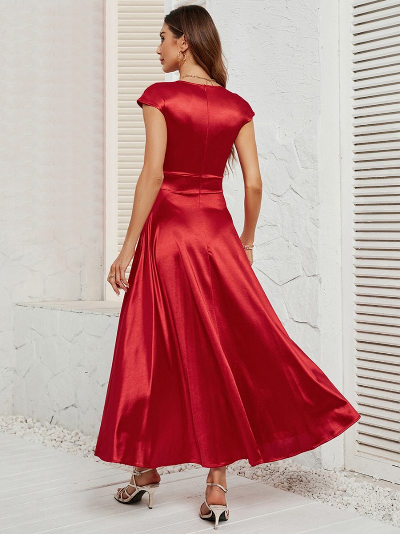 Rotes Partykleid Für Damen Mit Tiefem Ausschnitt Ärmellos A-linie Sexy Abschlussball Dating Maxikleider - Rot