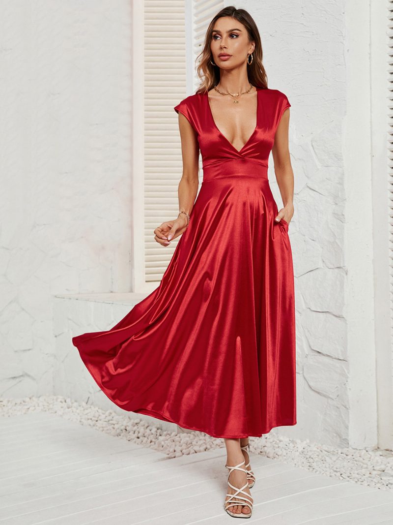 Rotes Partykleid Für Damen Mit Tiefem Ausschnitt Ärmellos A-linie Sexy Abschlussball Dating Maxikleider - Rot