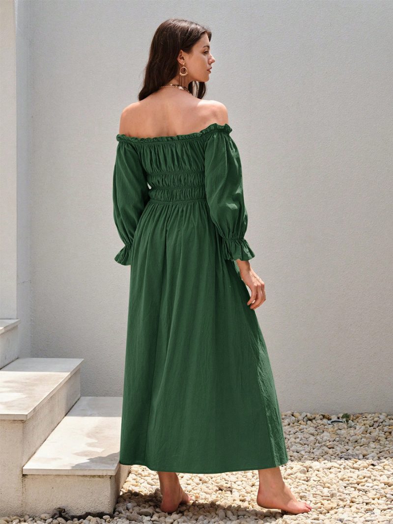 Schulterfreies Damenkleid Mit Plissee Für Den Alltag Lässige Maxikleider Grün - Grün