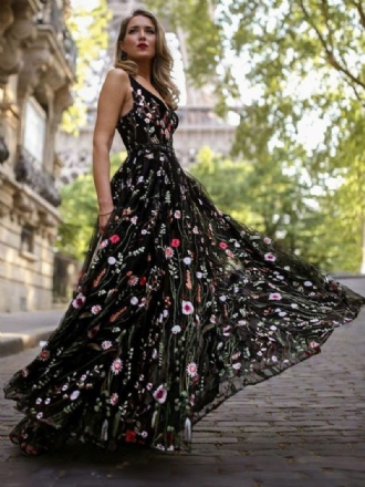 Schwarzes Damen-maxikleid Mit V-ausschnitt Ärmelloses Blumen Besticktes Tüll-abschlussballkleid