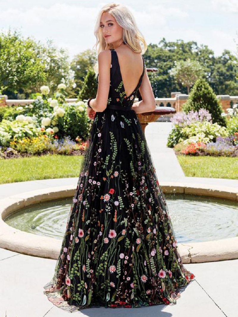 Schwarzes Damen-maxikleid Mit V-ausschnitt Ärmelloses Blumen Besticktes Tüll-abschlussballkleid - Schwarz