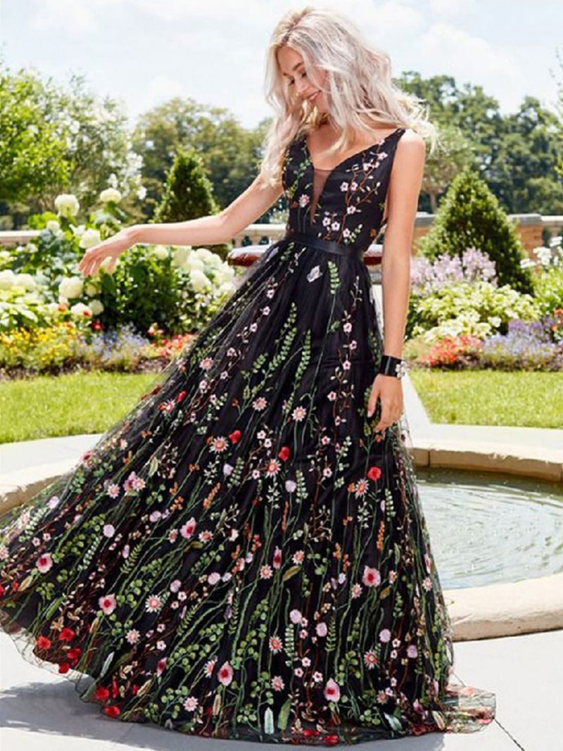 Schwarzes Damen-maxikleid Mit V-ausschnitt Ärmelloses Blumen Besticktes Tüll-abschlussballkleid - Schwarz