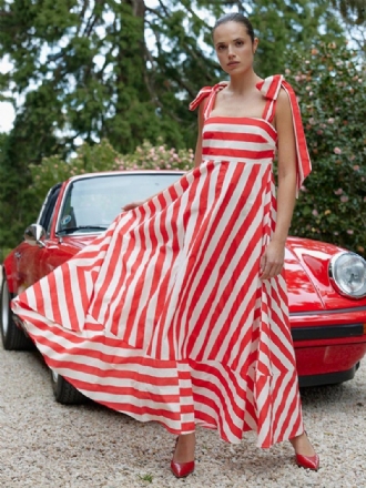 Sommerkleid Für Damen Träger Halsstreifen Schnürung Hellhimmelblau Langes Strandkleid