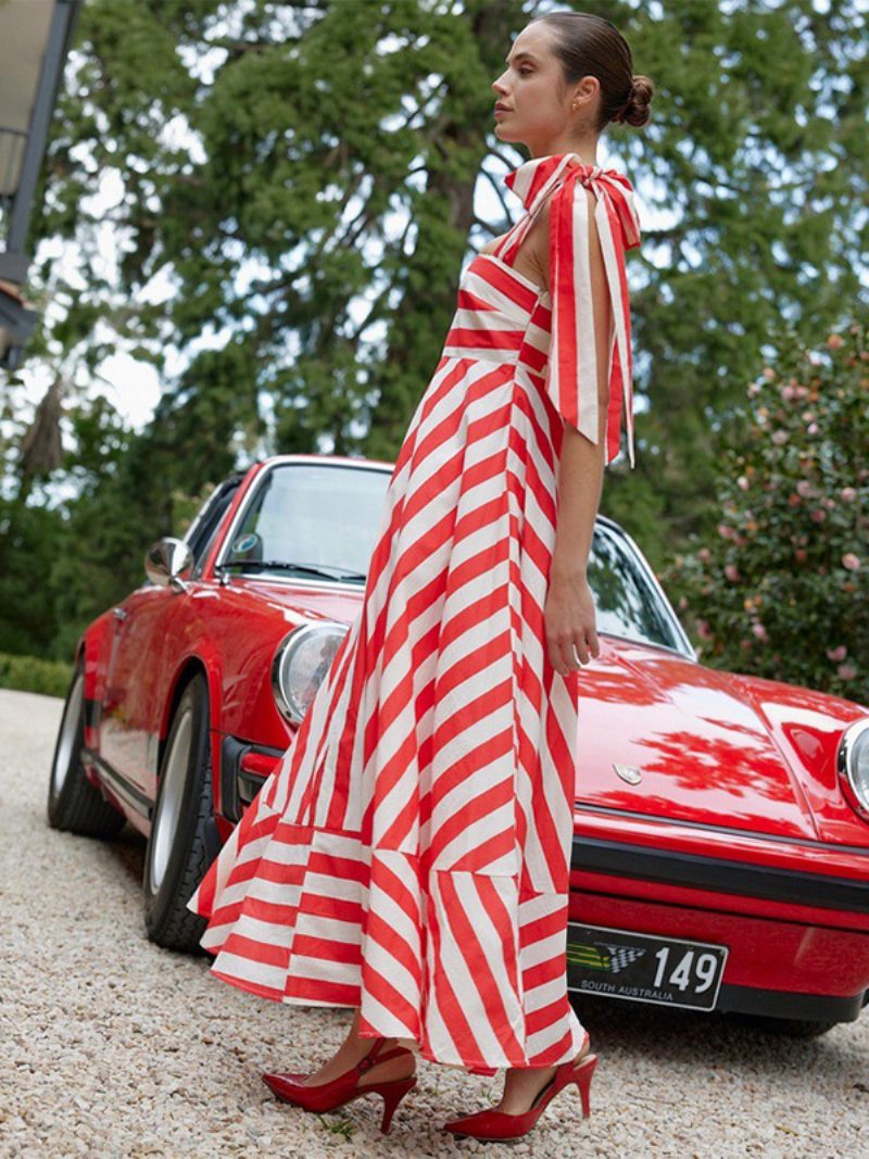 Sommerkleid Für Damen Träger Halsstreifen Schnürung Hellhimmelblau Langes Strandkleid - Rot