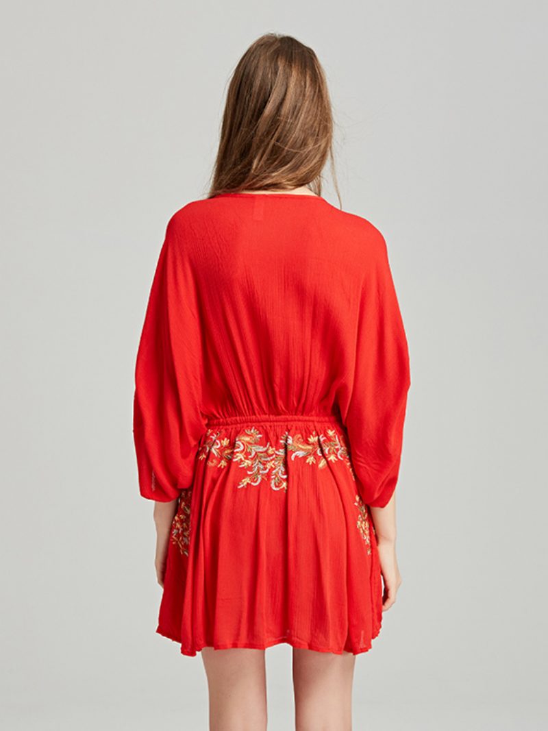 Boho-kleid Aus Roter Baumwolle Tiefer V-ausschnitt Lange Trompetenärmel Bohemian-zigeuner-stickerei Urlaub Frühling Herbst Mini-strandkleid Für Frauen - Rot