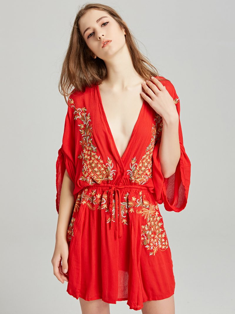 Boho-kleid Aus Roter Baumwolle Tiefer V-ausschnitt Lange Trompetenärmel Bohemian-zigeuner-stickerei Urlaub Frühling Herbst Mini-strandkleid Für Frauen - Rot