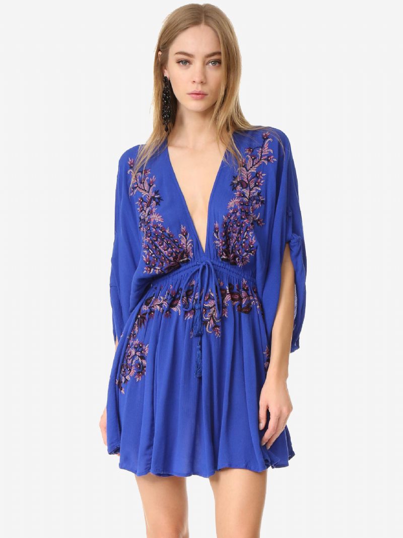 Boho-kleid Aus Roter Baumwolle Tiefer V-ausschnitt Lange Trompetenärmel Bohemian-zigeuner-stickerei Urlaub Frühling Herbst Mini-strandkleid Für Frauen - Blau