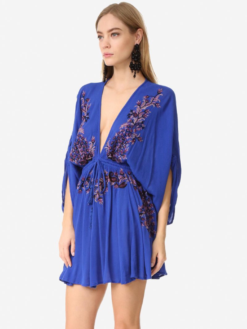 Boho-kleid Aus Roter Baumwolle Tiefer V-ausschnitt Lange Trompetenärmel Bohemian-zigeuner-stickerei Urlaub Frühling Herbst Mini-strandkleid Für Frauen - Blau