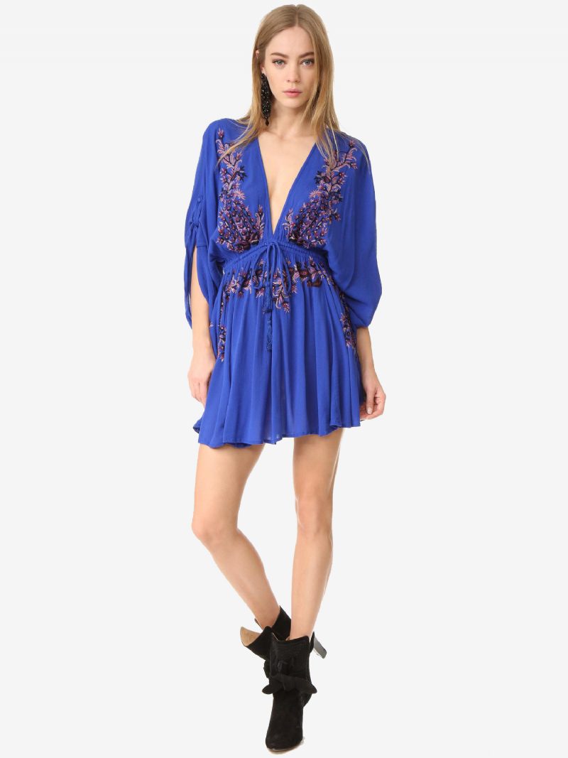 Boho-kleid Aus Roter Baumwolle Tiefer V-ausschnitt Lange Trompetenärmel Bohemian-zigeuner-stickerei Urlaub Frühling Herbst Mini-strandkleid Für Frauen - Blau