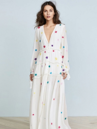 Boho-kleid Aus Weißer Baumwolle Tiefer V-ausschnitt Lange Ärmel Sternmuster Bohemian-zigeuner-strandurlaub Frühling Herbst Langes Lagenkleid Für Frauen